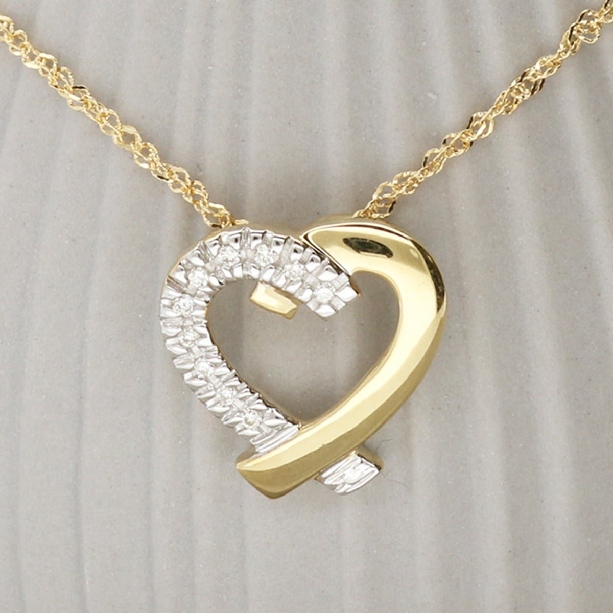 9ct Yellow Gold Diamond Set Heart Pendant & Chain - Love Silver Jewellery