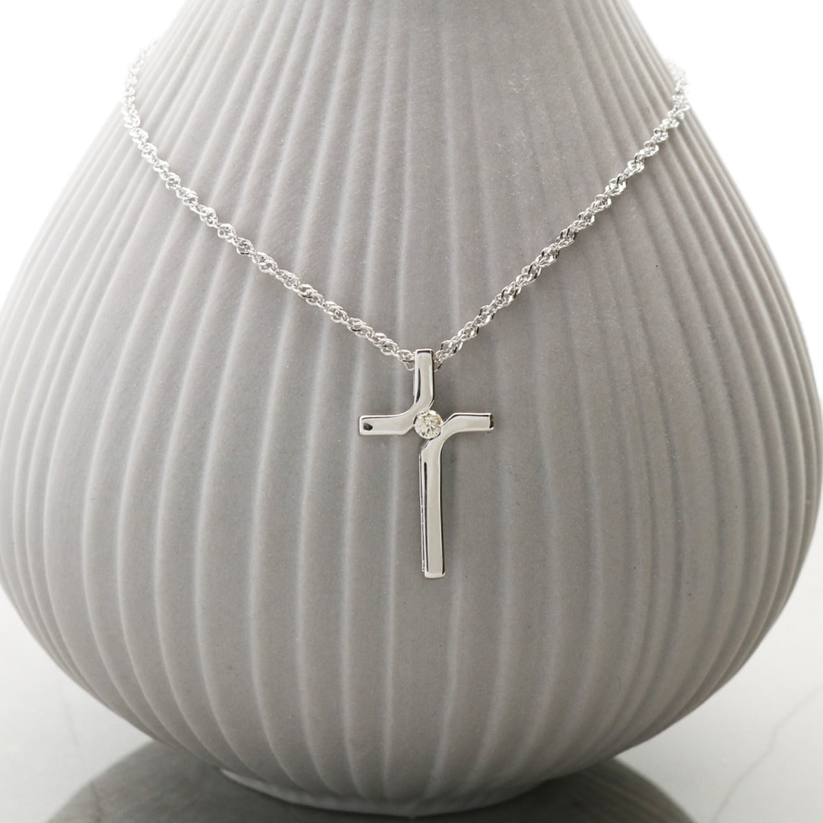 9ct White Gold Diamond Set Cross Pendant & Chain