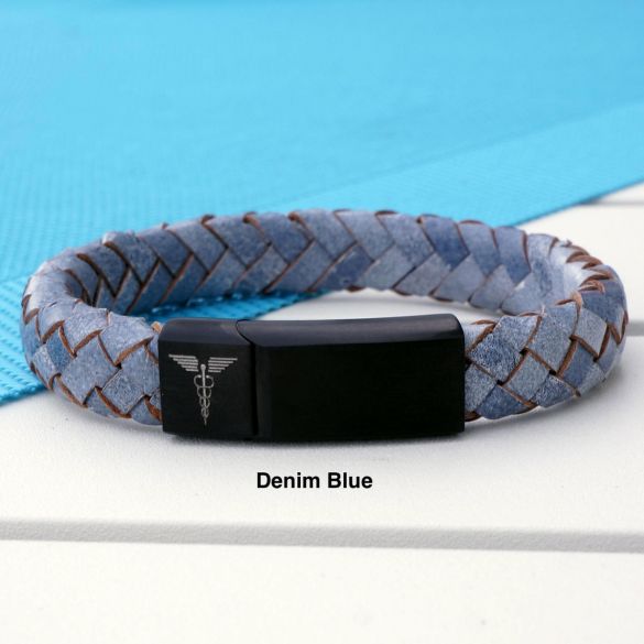 Unisex Leather and Stainless Steel Medic Bracelet with Free Engraving - Love Silver Jewellery