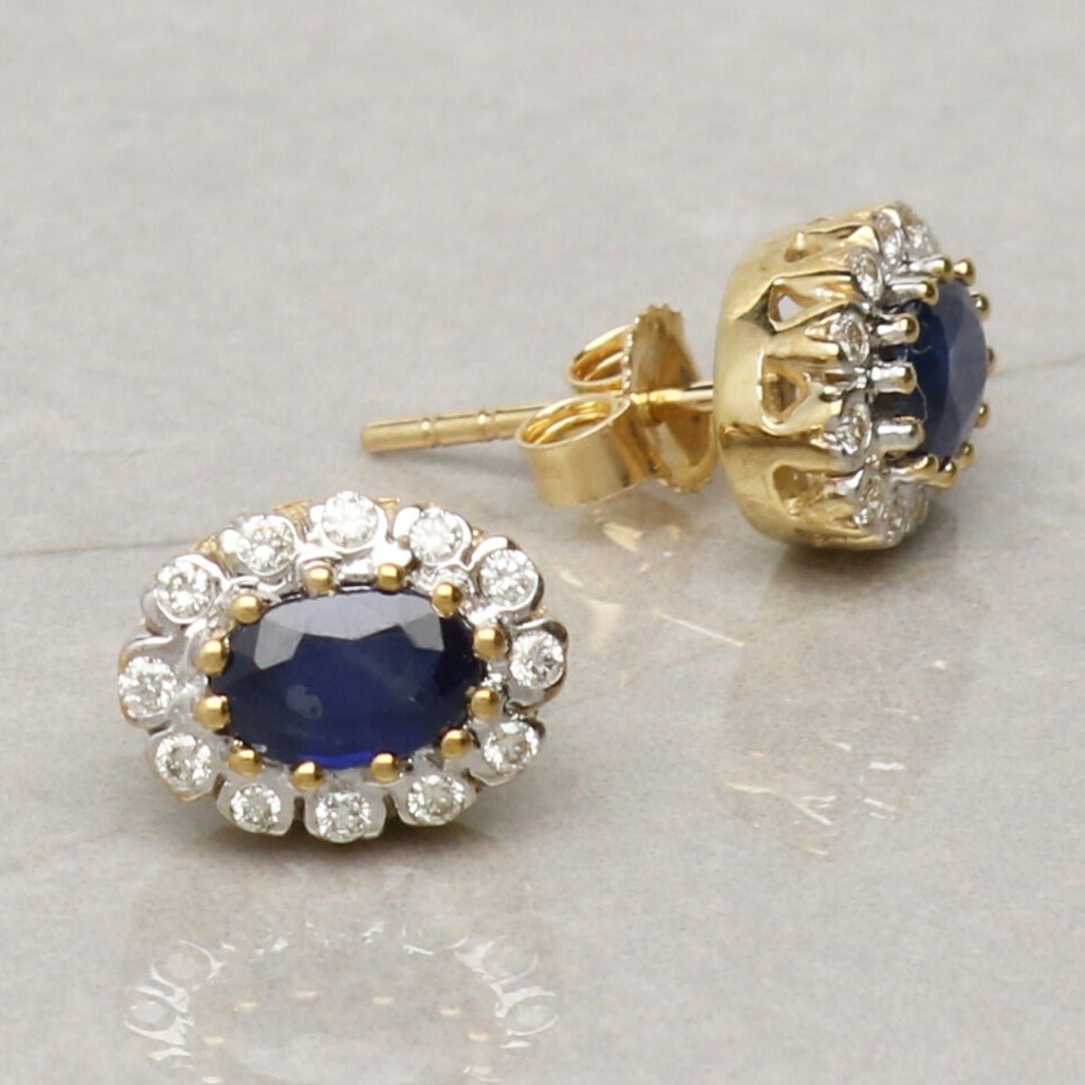9ct Yellow Gold 0.9ct Oval Sapphire & Diamond Cluster Earrings - Love Silver Jewellery