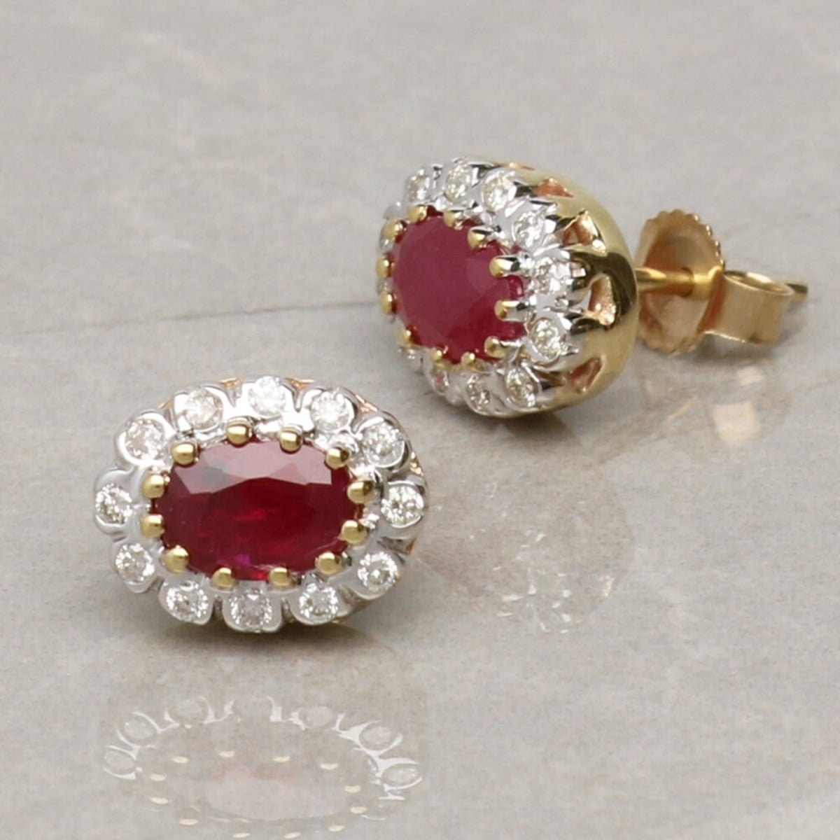 9ct Yellow Gold 1.2ct Oval Ruby & Diamond Cluster Earrings - Love Silver Jewellery