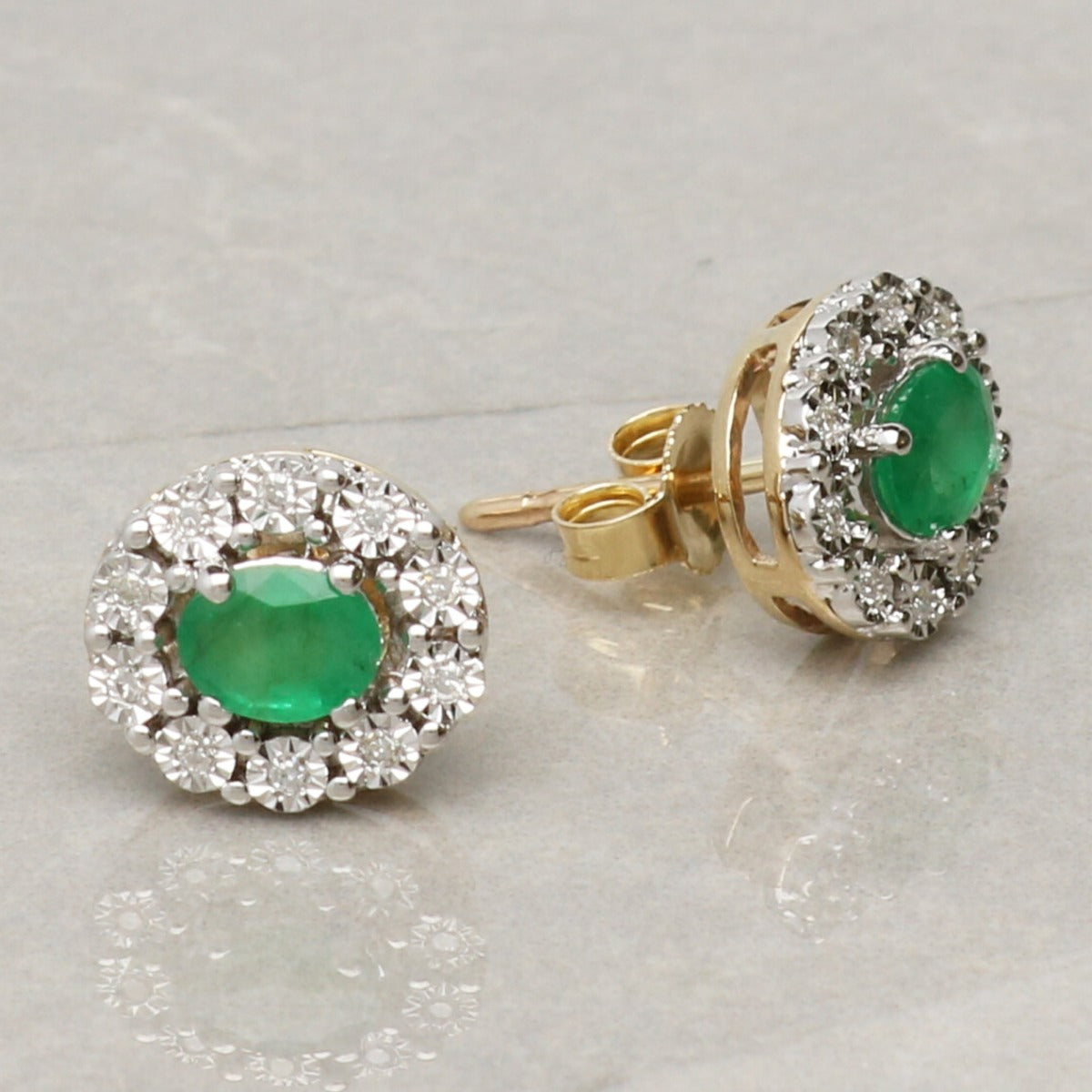 9ct Yellow Gold 0.60ct Oval Emerald & Diamond Cluster Earrings