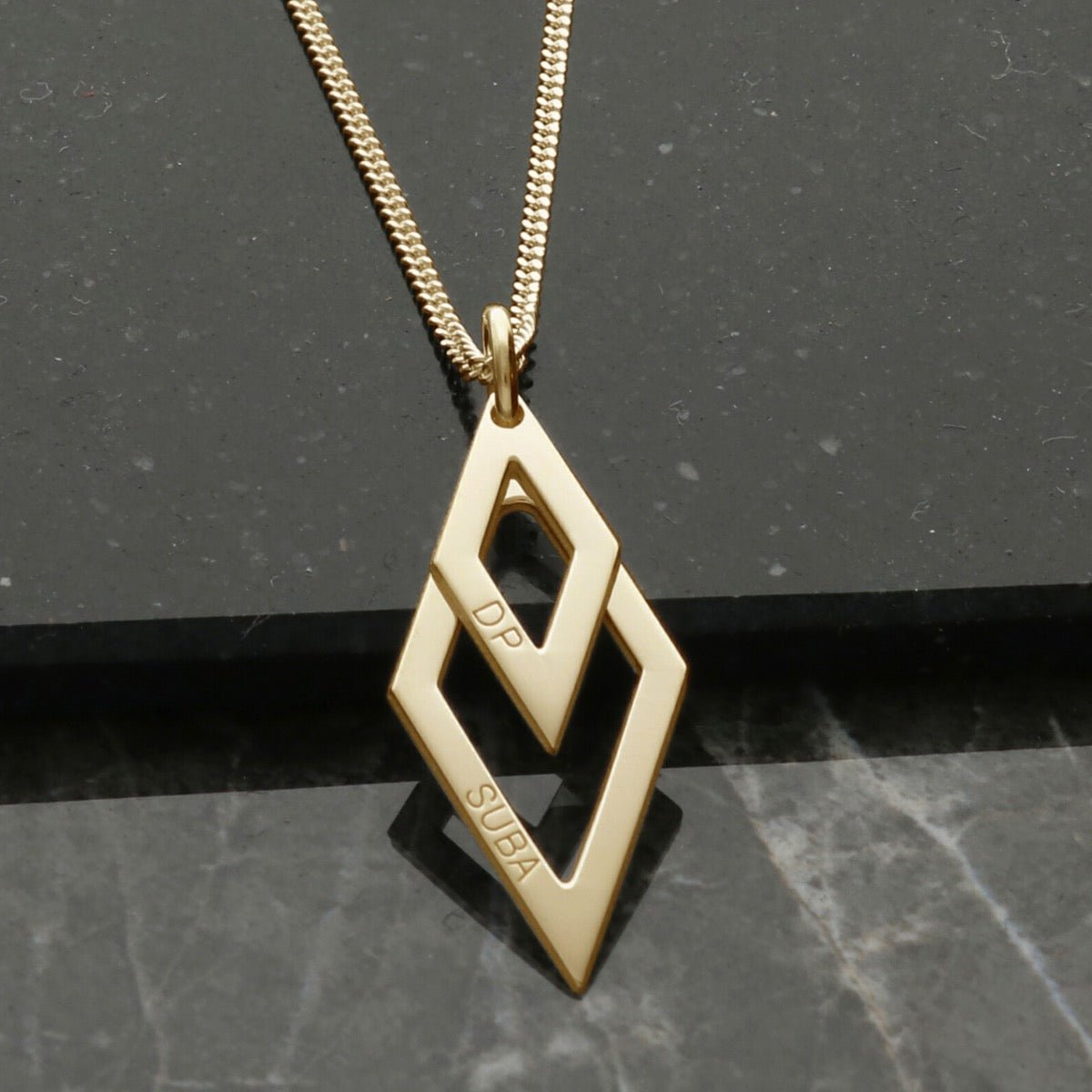 9ct Yellow Gold Engraved Double Diamond Pendant - Love Silver Jewellery