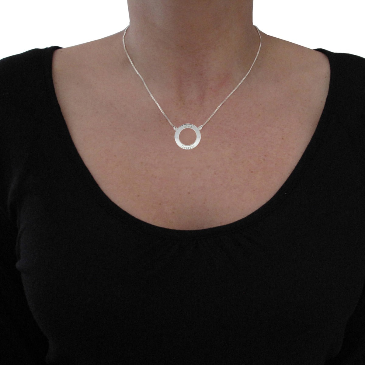 9ct White Gold Personalised Ring Pendant With Crystal On Lady