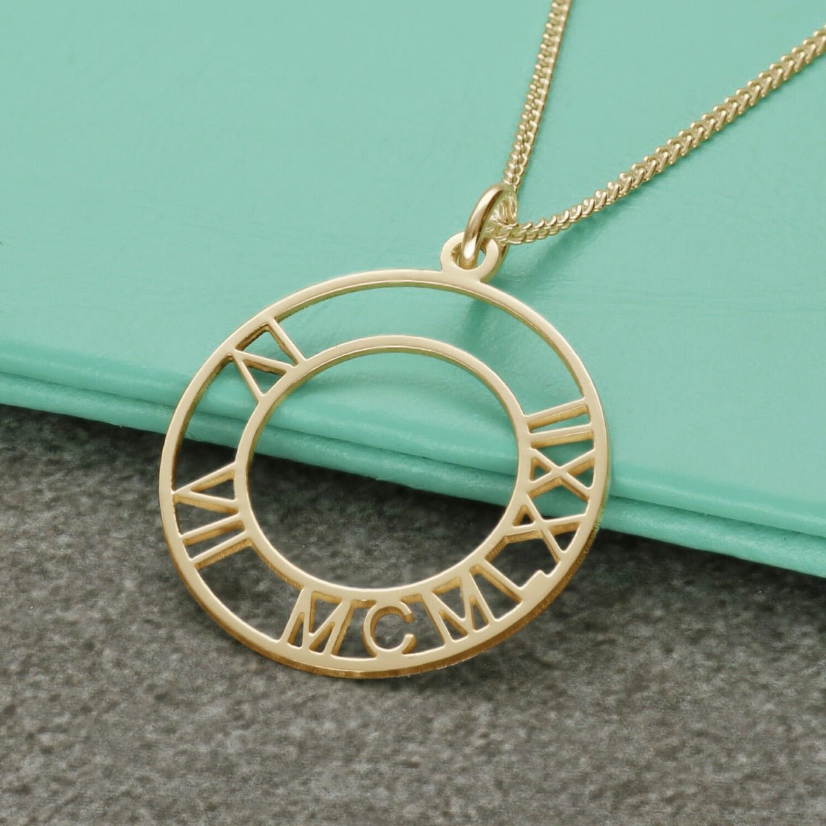 9ct Yellow Gold Plated Roman Numerals Special Date Disc Necklace - Love Silver Jewellery