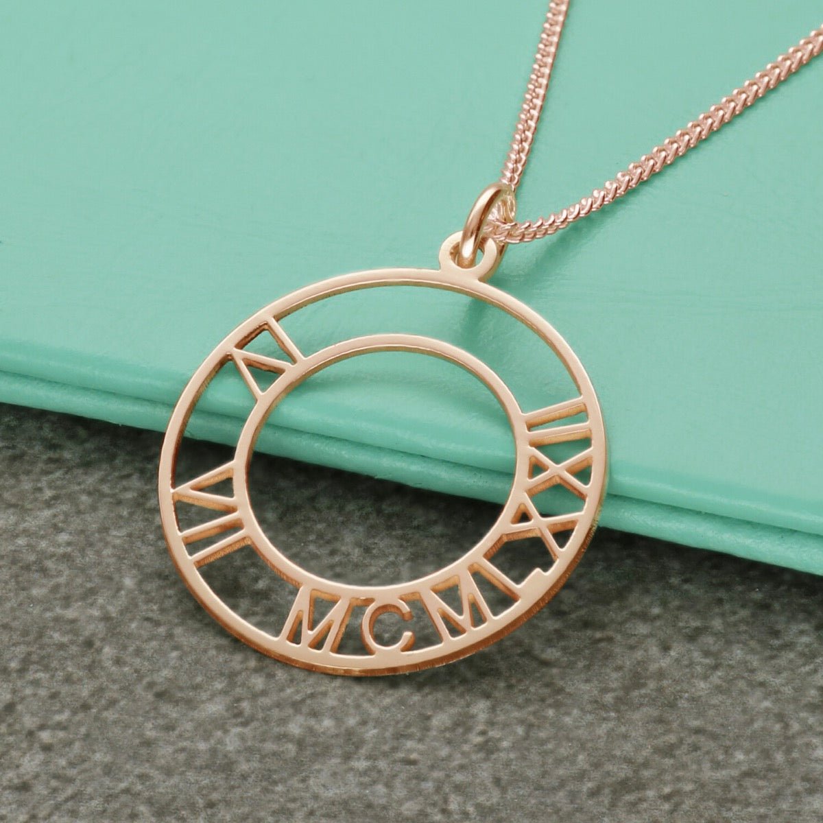9ct Rose Gold Plated Roman Numerals Special Date Disc Necklace - Love Silver Jewellery