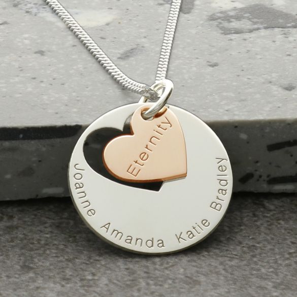 Sterling Silver Engraved Disc & Cut Out 9ct Rose Gold Vermeil Heart Pendant with Optional Chain
