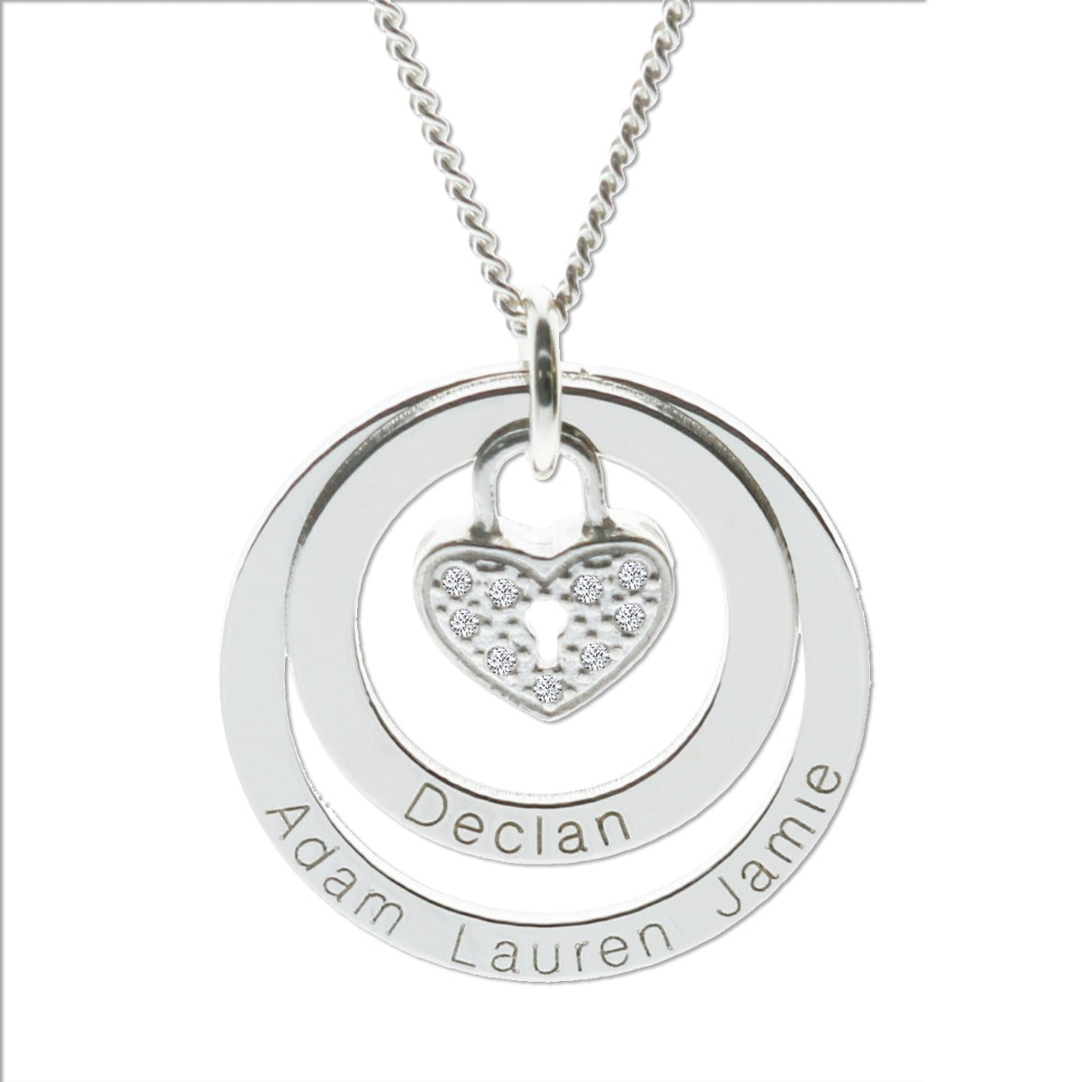 Sterling Silver Personalised Family Double Disc Pendant With CZ Heart Locket & Chain