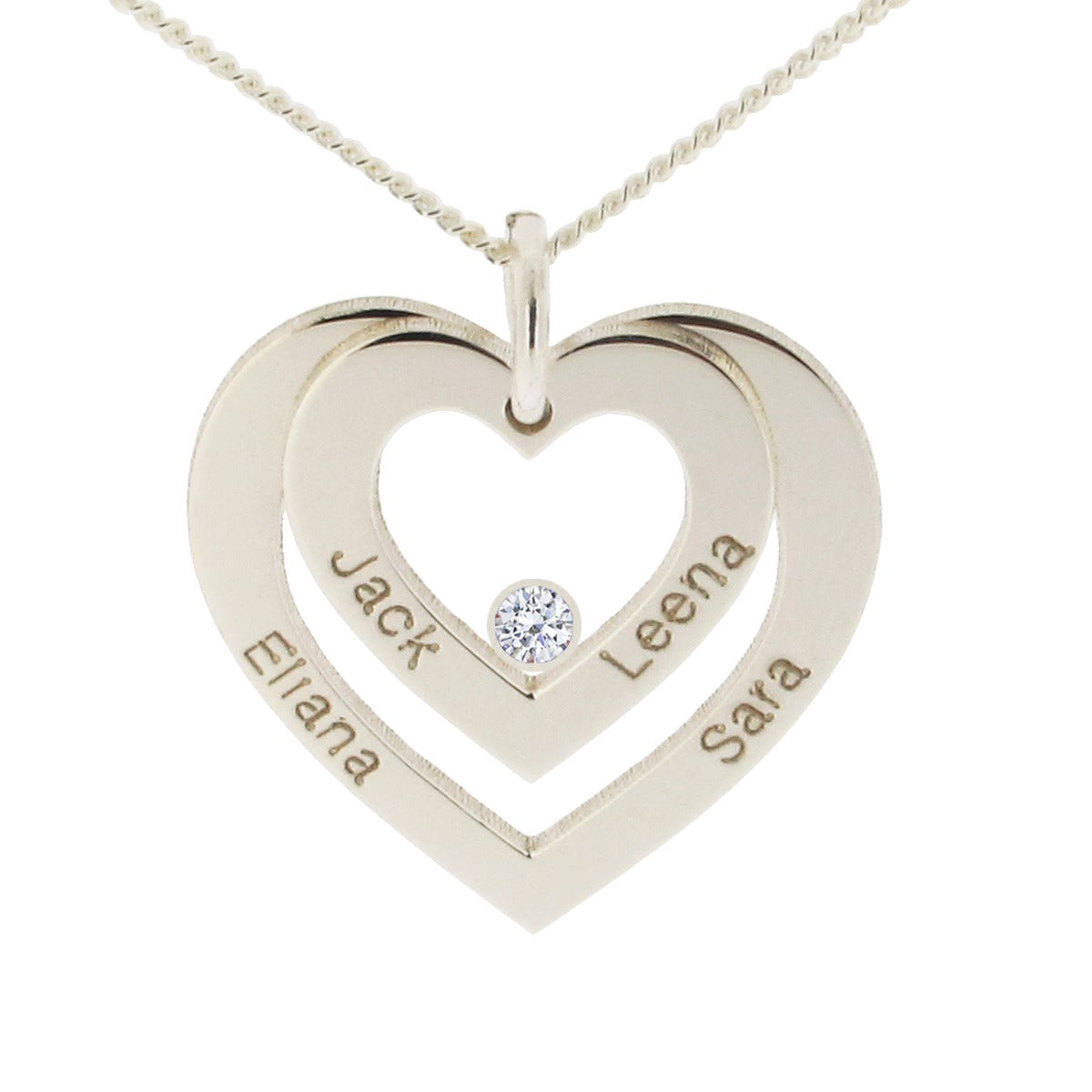 9ct White Gold Double Heart Personalised Necklace With Diamond - Love Silver Jewellery