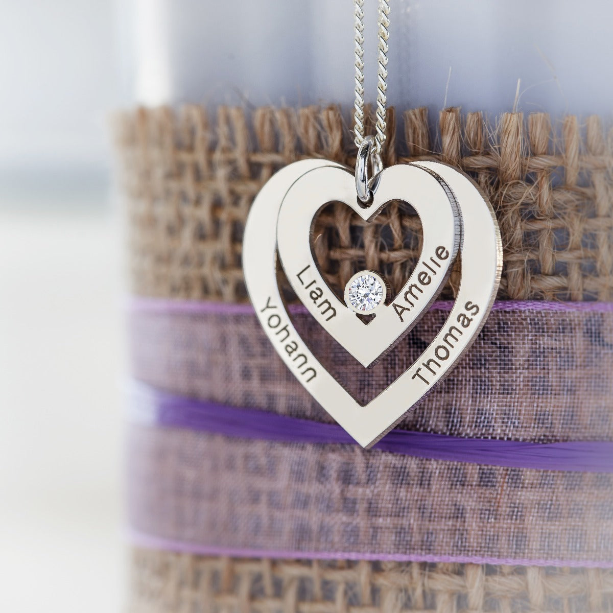 9ct White Gold Double Heart Personalised Necklace With Diamond - Love Silver Jewellery