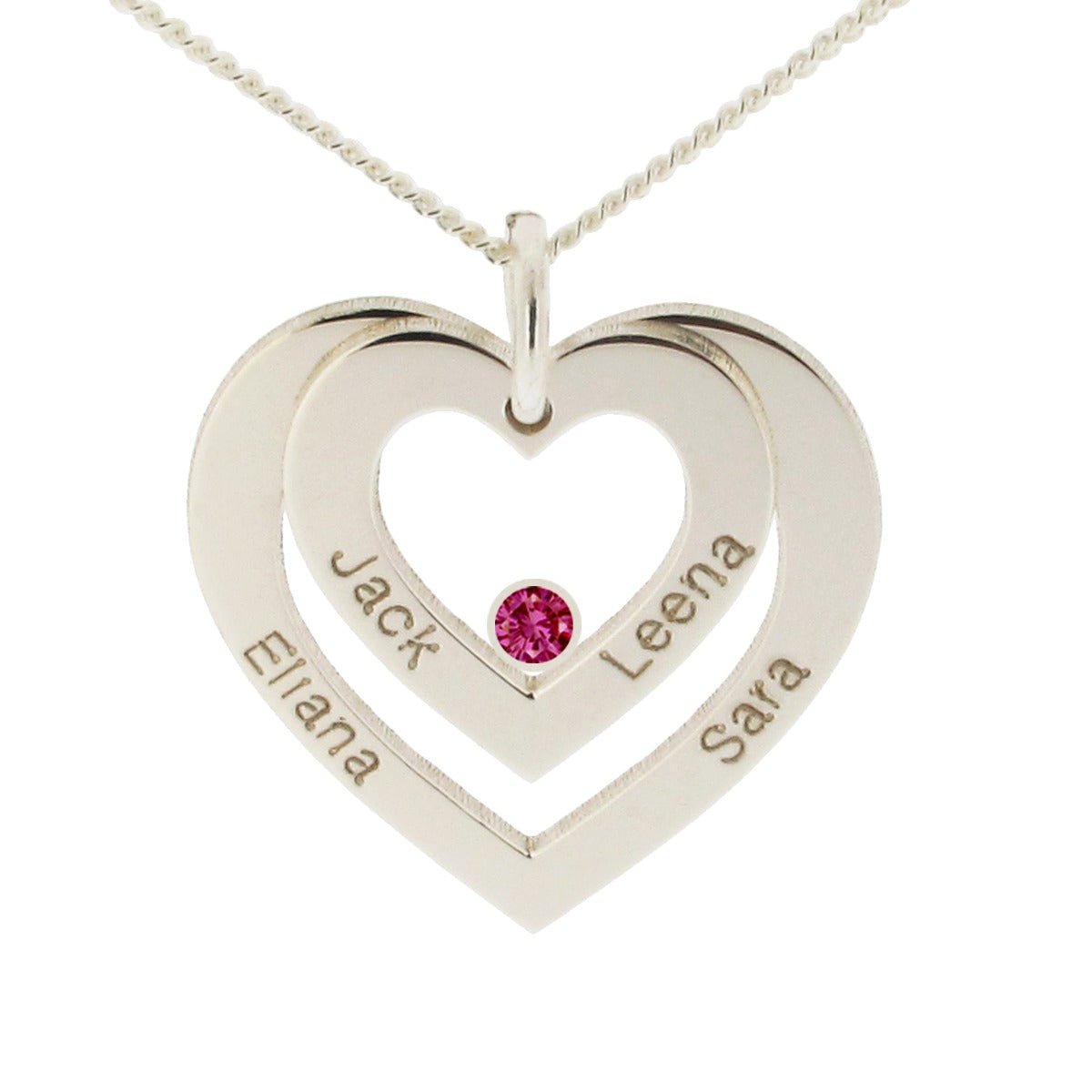 9ct White Gold Double Heart Personalised Necklace With Ruby - Love Silver Jewellery