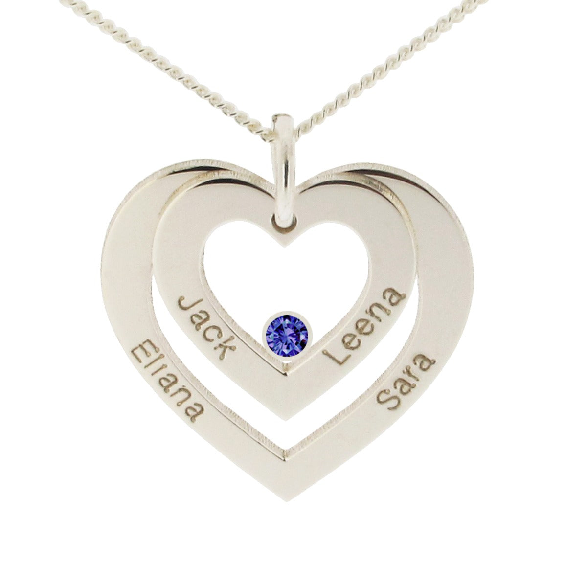 9ct White Gold Double Heart Personalised Necklace With Sapphire