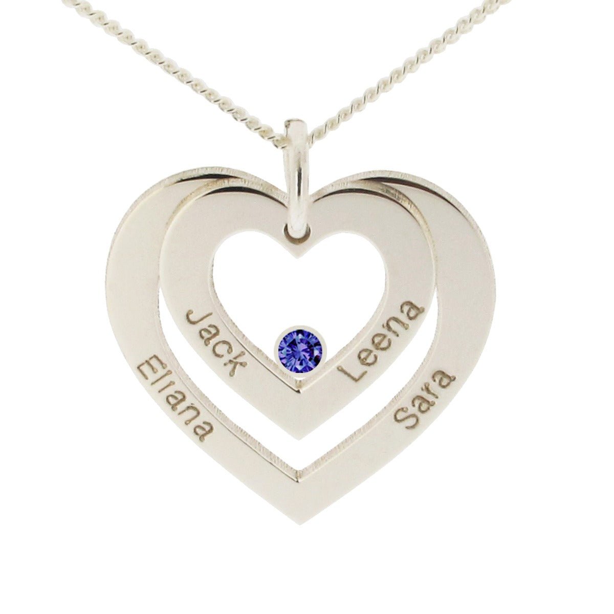 9ct White Gold Double Heart Personalised Necklace With Sapphire - Love Silver Jewellery