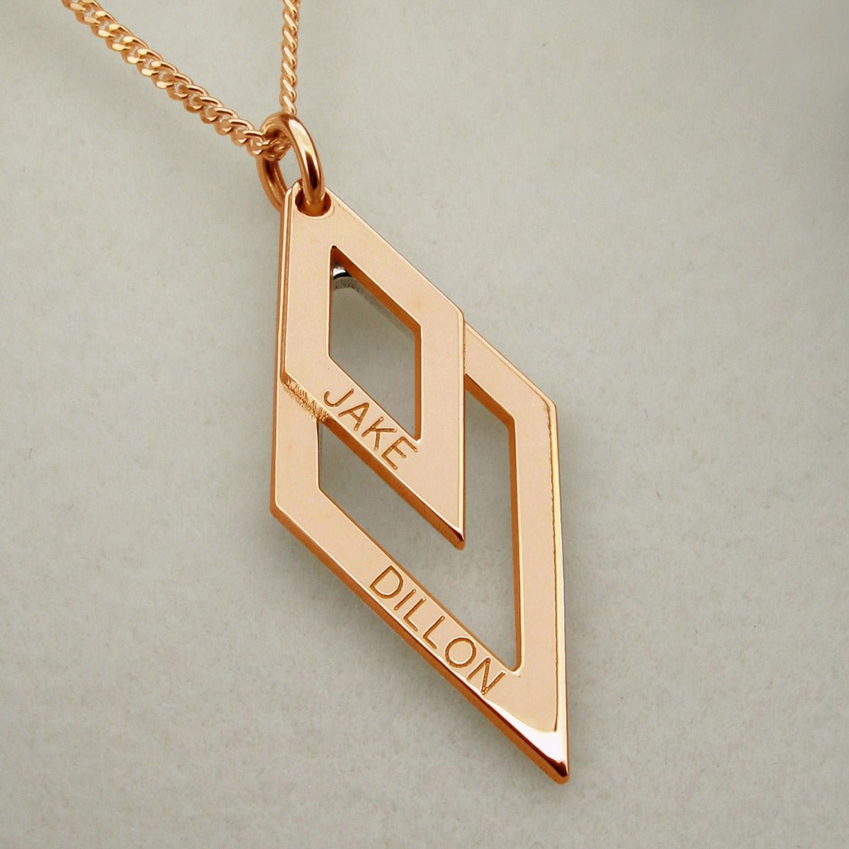 9ct Rose Gold Plated Engraved Double Diamond Pendant Necklace - Love Silver Jewellery