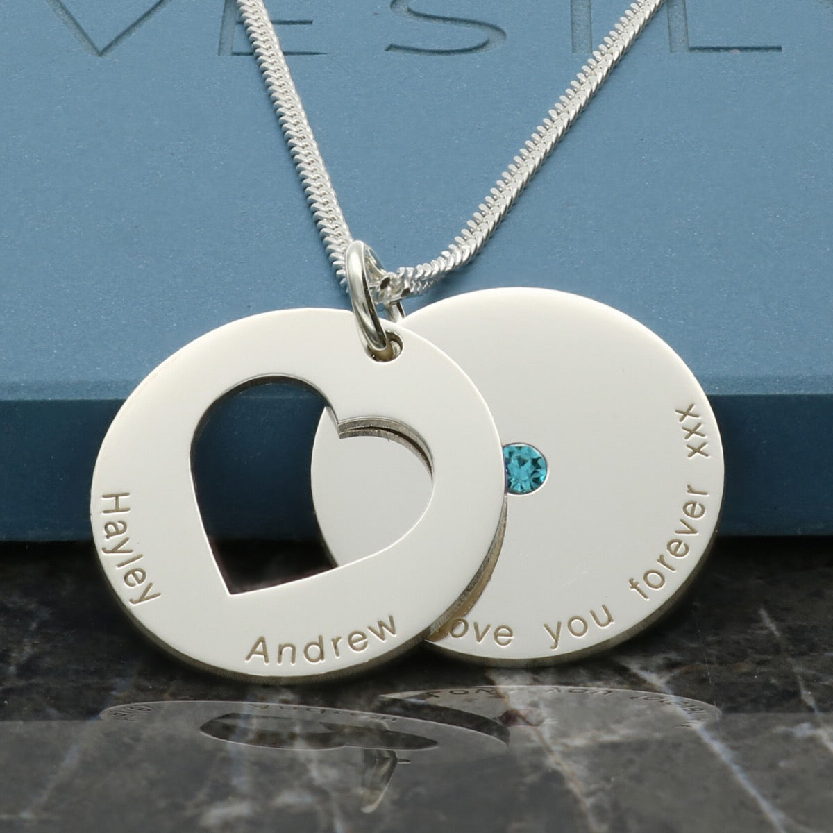 Sterling Silver Personalised Double Disc Cut Out Heart With Crystal Necklace