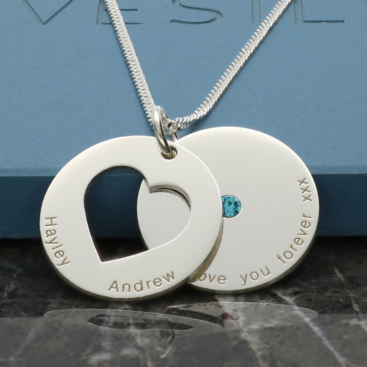 Sterling Silver Personalised Double Disc Cut Out Heart With Crystal Necklace - Love Silver Jewellery