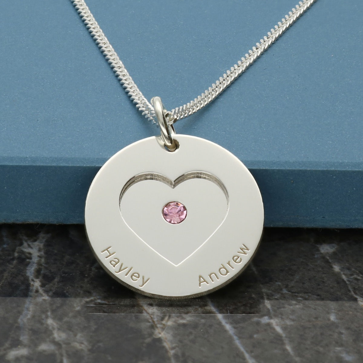 Sterling Silver Personalised Double Disc Cut Out Heart With Crystal Necklace
