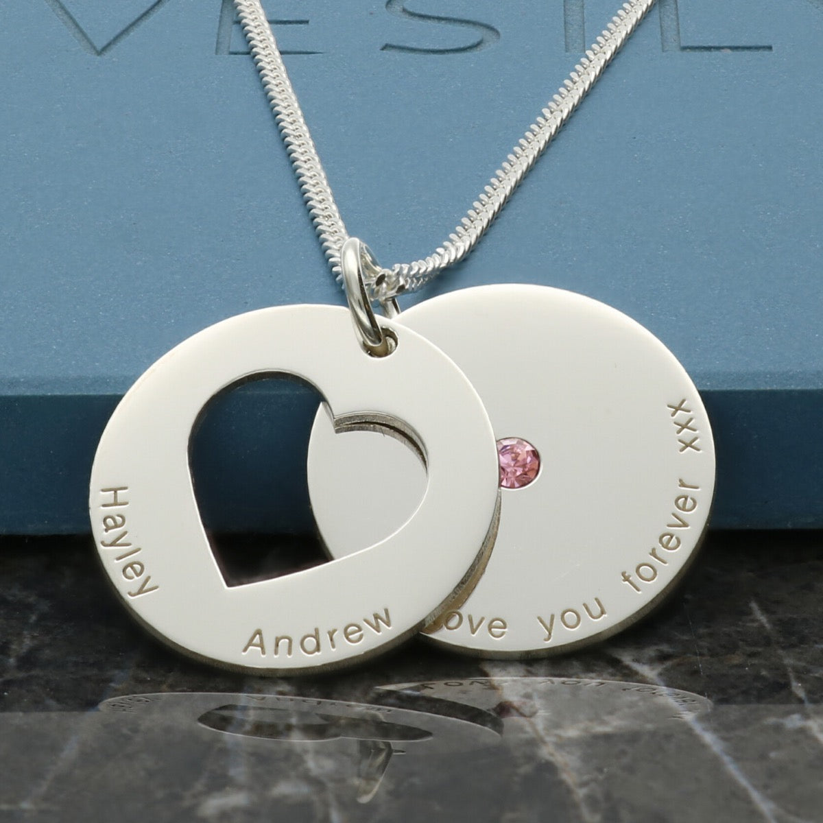 Sterling Silver Personalised Double Disc Cut Out Heart With Crystal Necklace