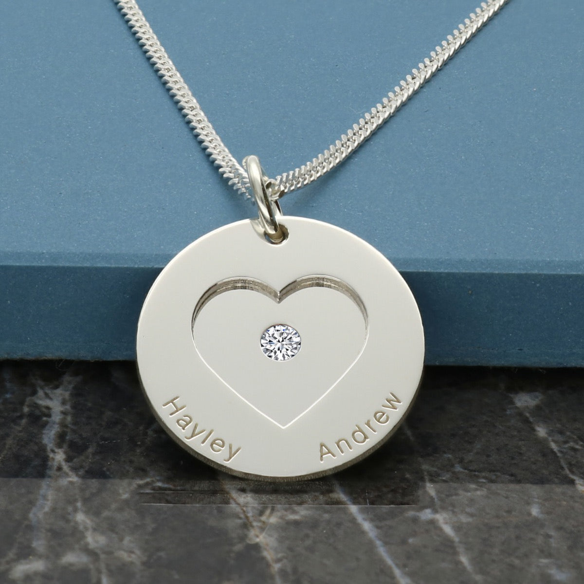 Sterling Silver Personalised Double Disc Cut Out Heart With Crystal Necklace