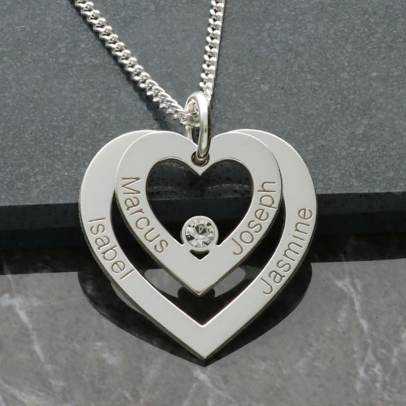 9ct White Gold Double Heart Personalised Necklace With Crystal - Love Silver Jewellery