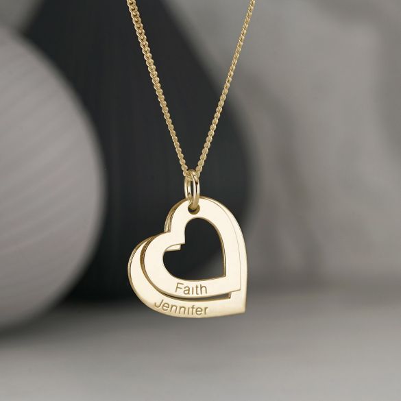 9ct Yellow Gold Plated Personalised Two Hearts Necklace - Love Silver Jewellery