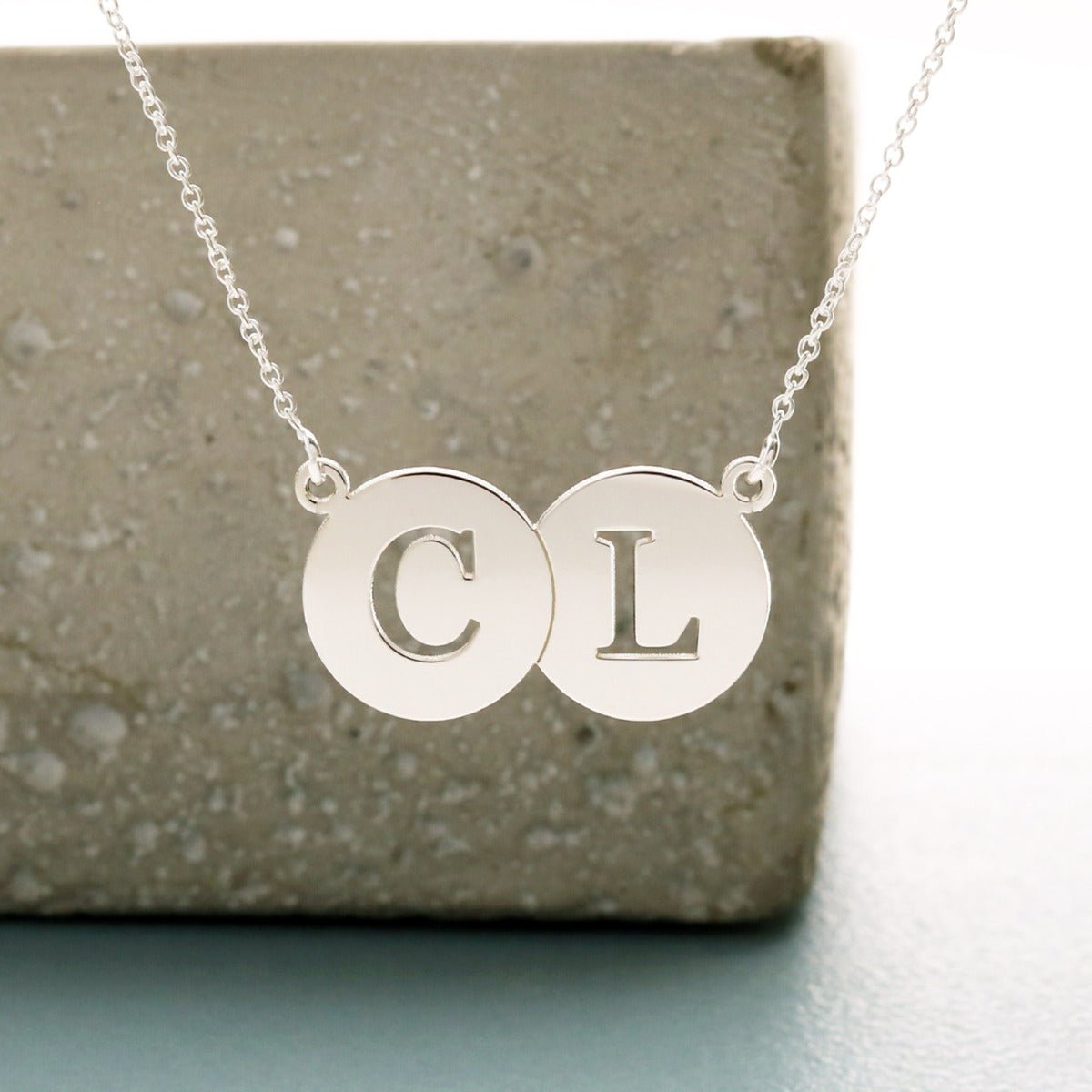 9ct White Gold Double Disc Cut Out initial Pendant - Love Silver Jewellery