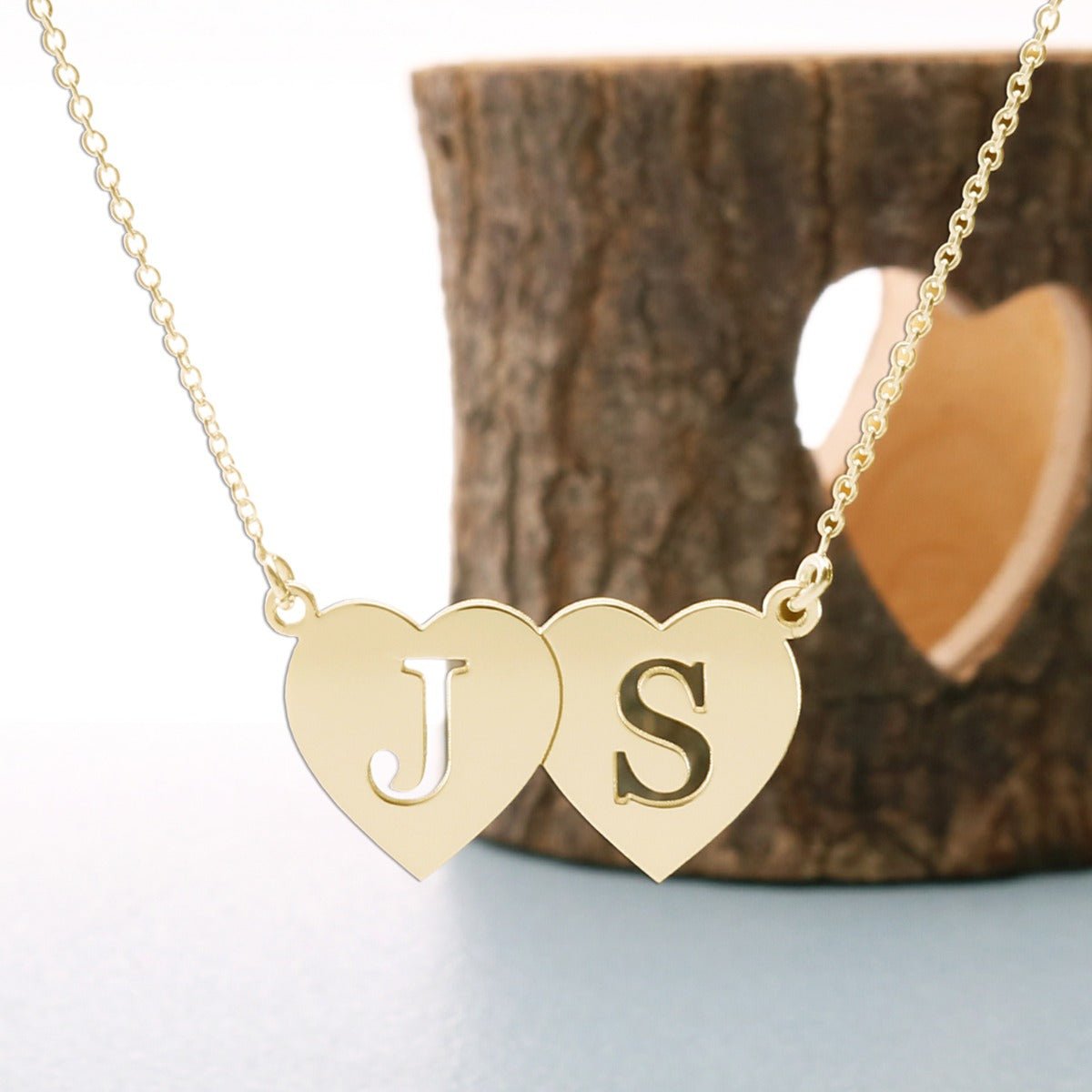 9ct Yellow Gold Double Heart Cut Out Initial Pendant - Love Silver Jewellery