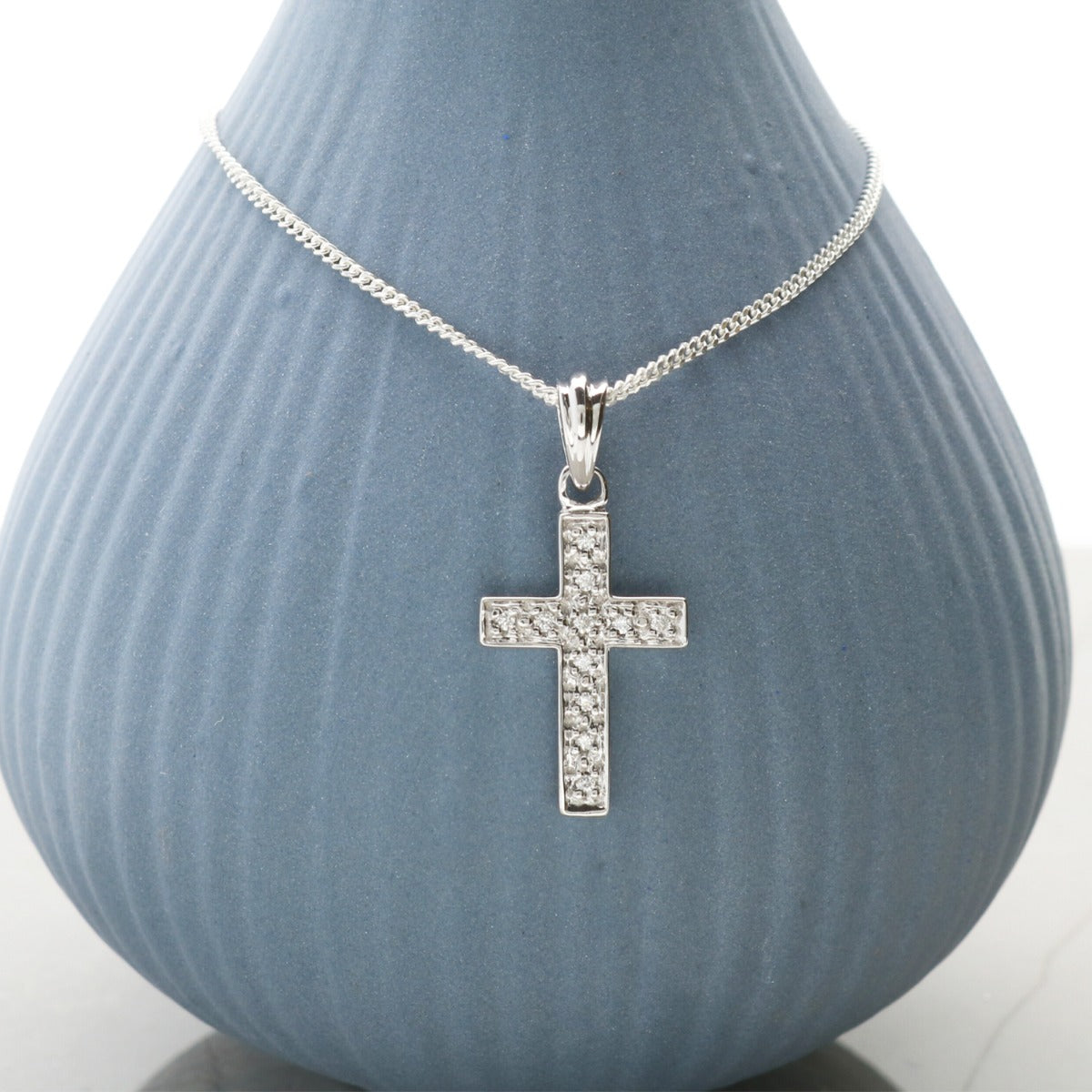 9ct White Gold Diamond Set Cross Pendant With Optional Chain