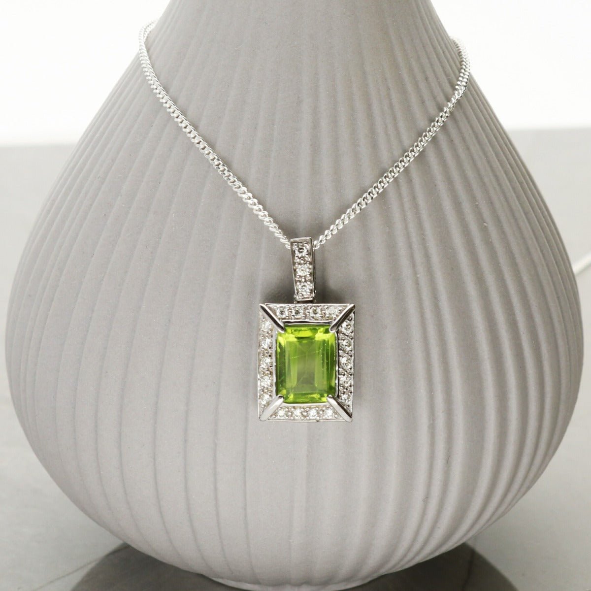 9ct White Gold & Diamond Set Rectangular Peridot Pendant With Optional Chain - Love Silver Jewellery
