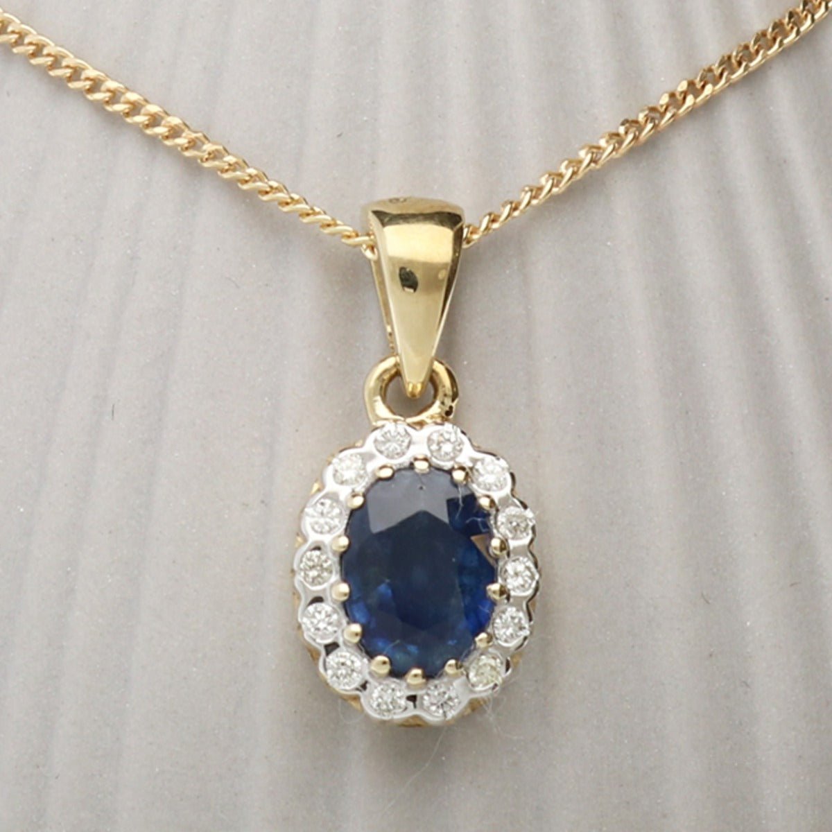 9ct Yellow Gold & Diamond Cluster Set Oval Sapphire Pendant With Optional Chain - Love Silver Jewellery