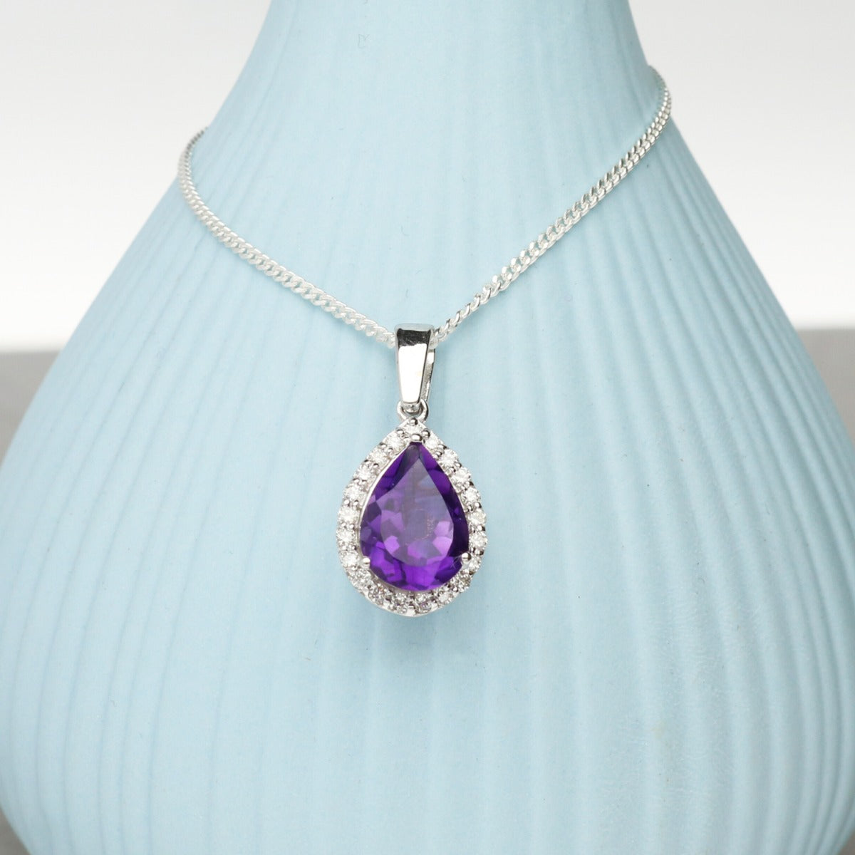 Teardrop Amethyst Pendant Set In 9ct White Gold & Diamonds With Optional Chain