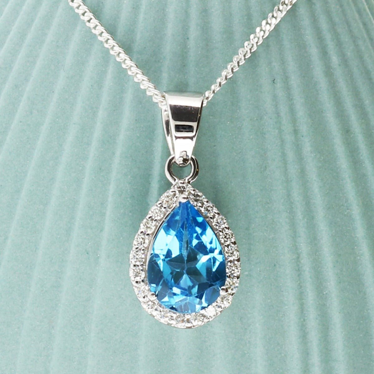 Teardrop Blue Topaz Pendant Set In 9ct White Gold & Diamonds With Optional Chain - Love Silver Jewellery