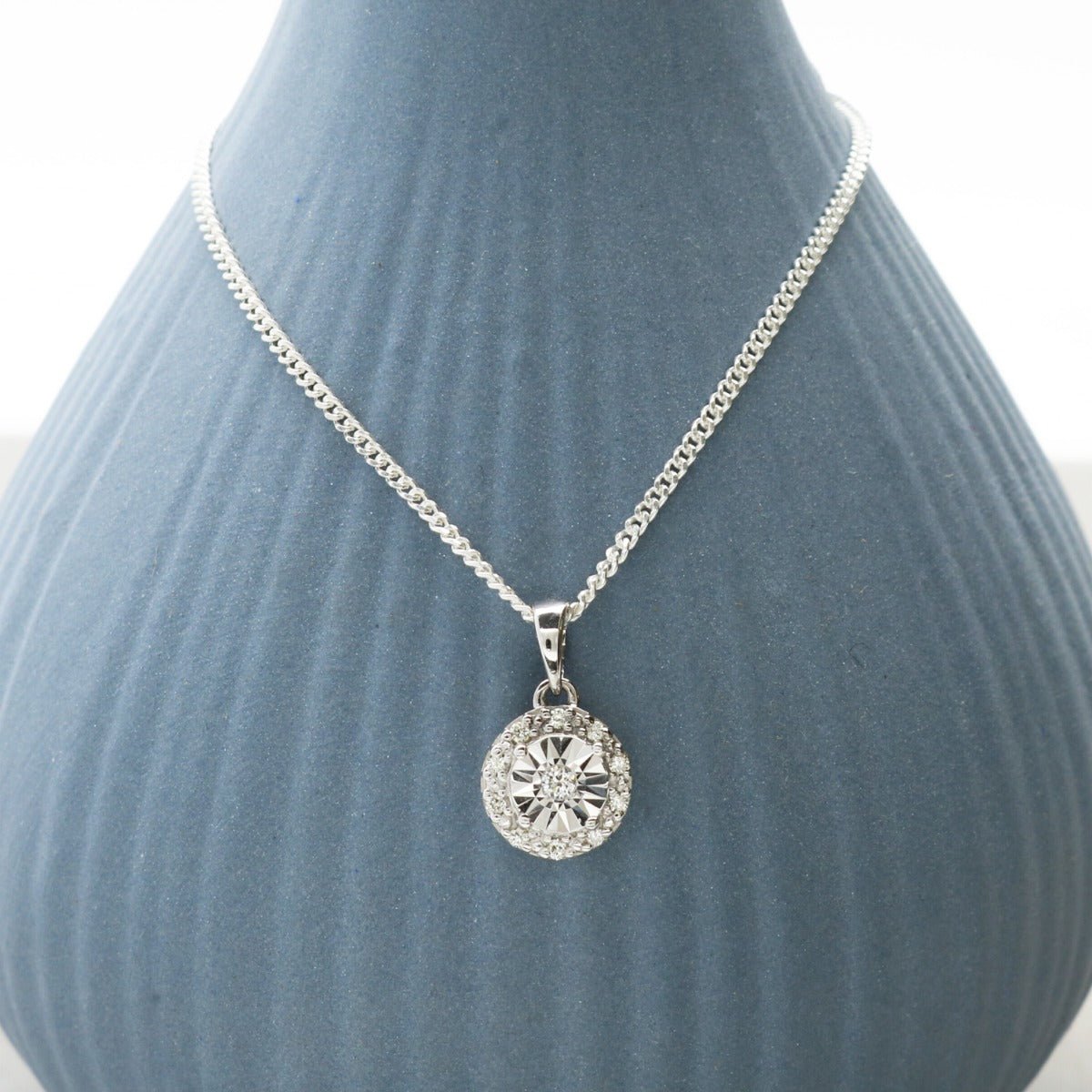 Round Diamond Pendant Set In 9ct White Gold & Optional Chain - Love Silver Jewellery