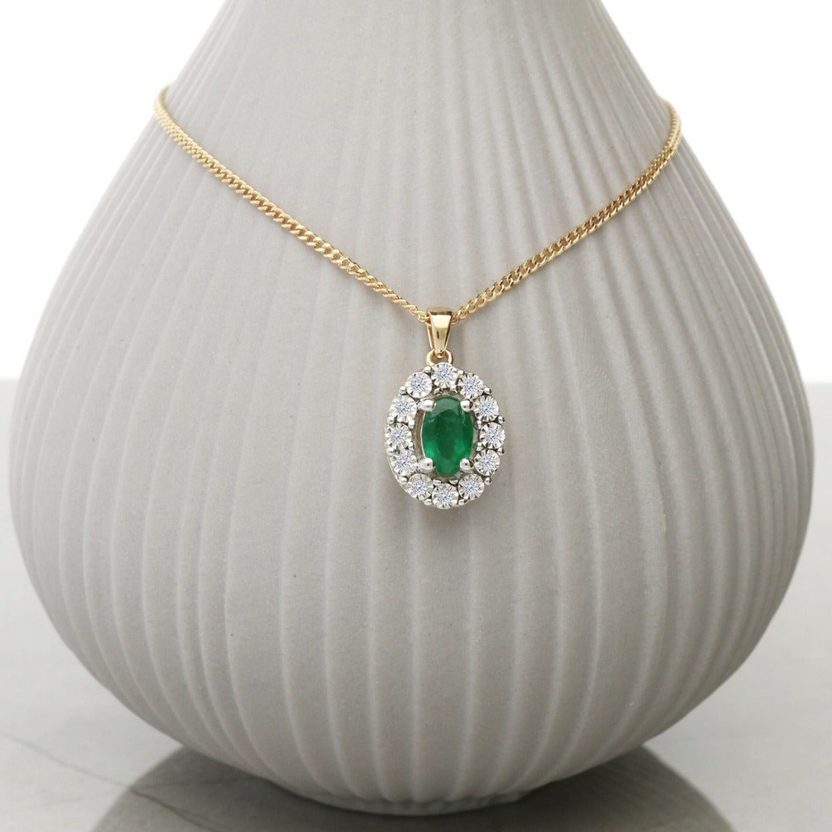 9ct Yellow Gold Diamond Cluster Set Oval Emerald Pendant With Option