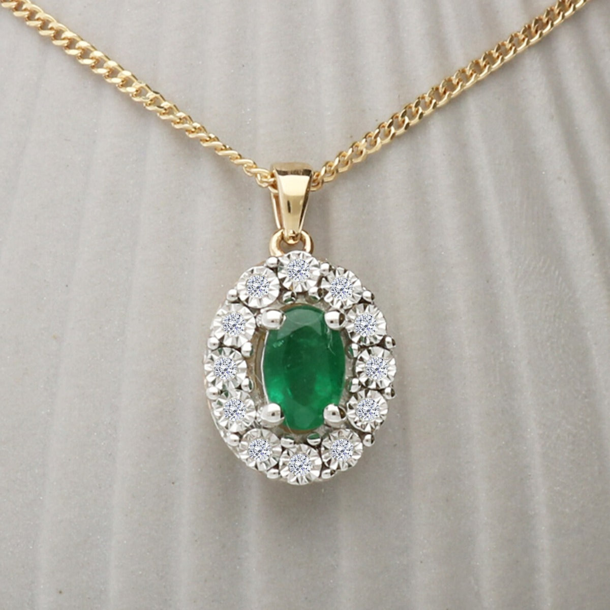 9ct Yellow Gold & Diamond Cluster Set Oval Emerald Pendant With Optional Chain