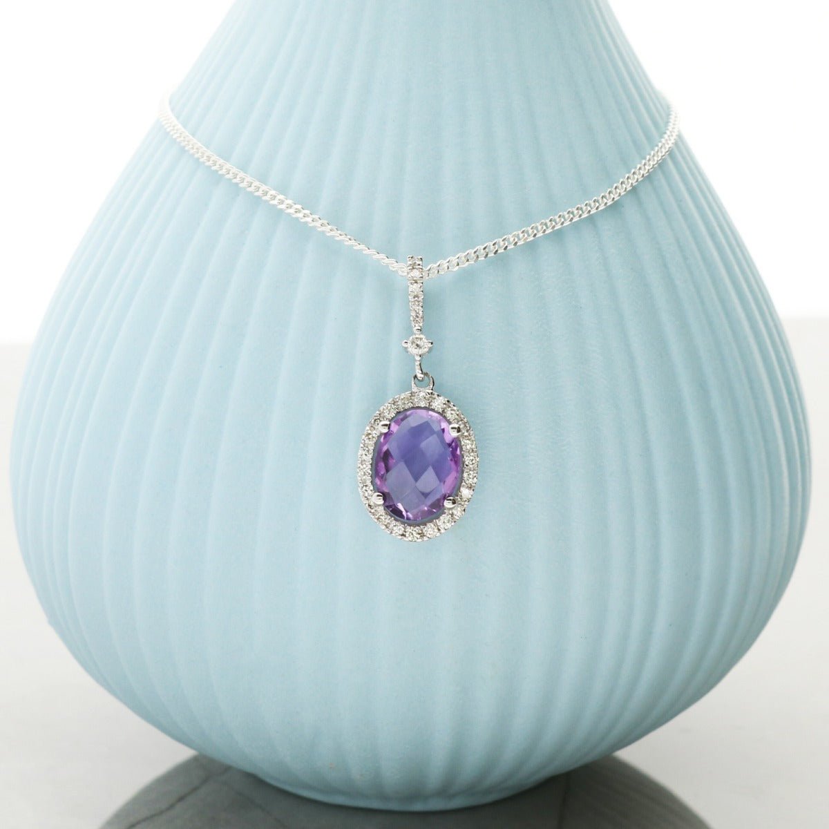 Oval Amethyst Pendant Set In 9ct White Gold & Diamonds With Optional Chain - Love Silver Jewellery
