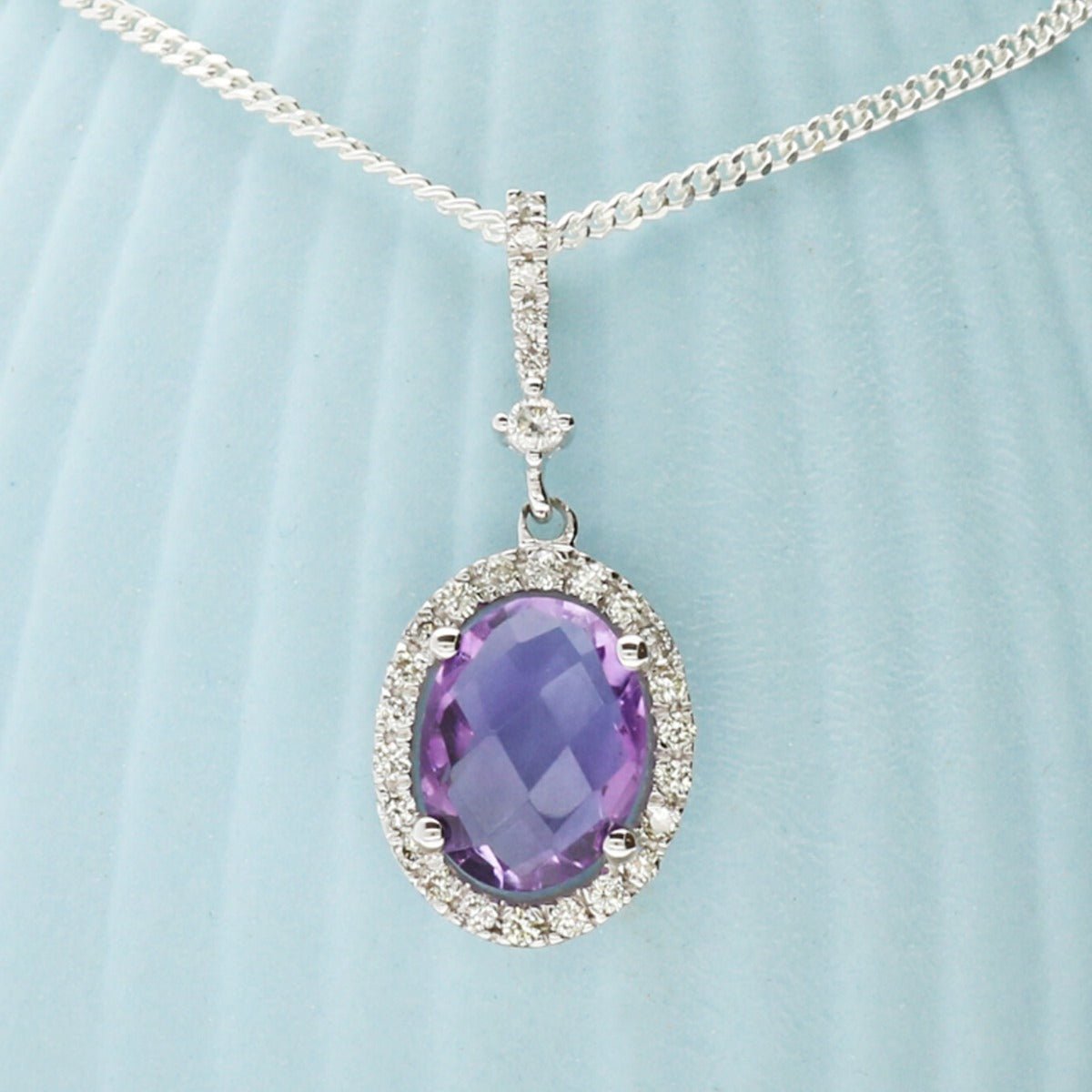 Oval Amethyst Pendant Set In 9ct White Gold & Diamonds With Optional Chain - Love Silver Jewellery
