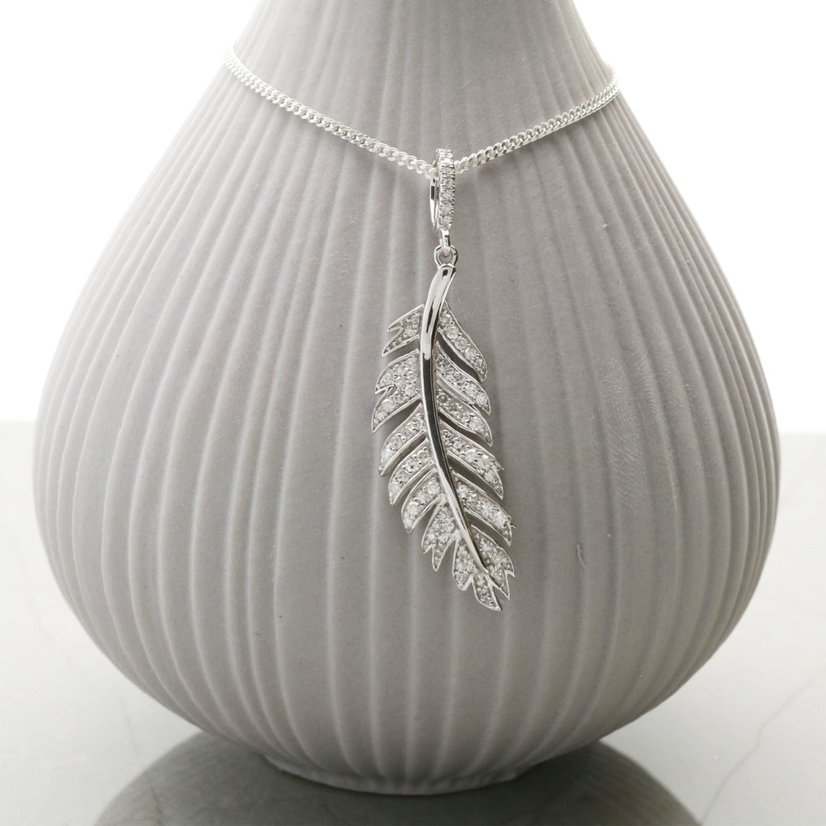 9ct White Gold Diamond Set Feather Pendant & Optional Chain
