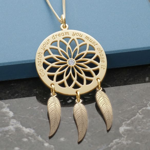 9ct Yellow Gold Dream Catcher and Feathers Necklace With Crystal