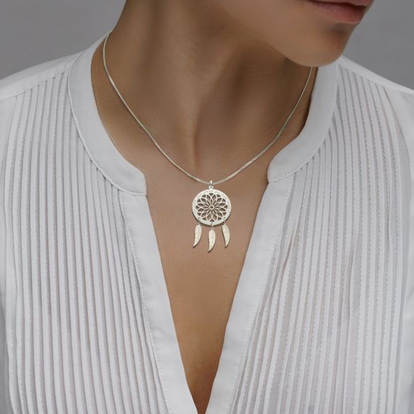 9ct White Gold Dream Catcher and Feathers Necklace - Love Silver Jewellery