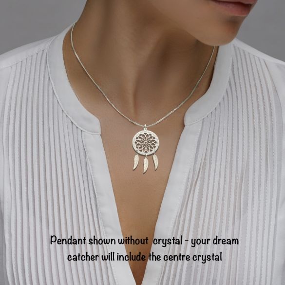 Sterling Silver Dream Catcher and Feathers Necklace With Crystal