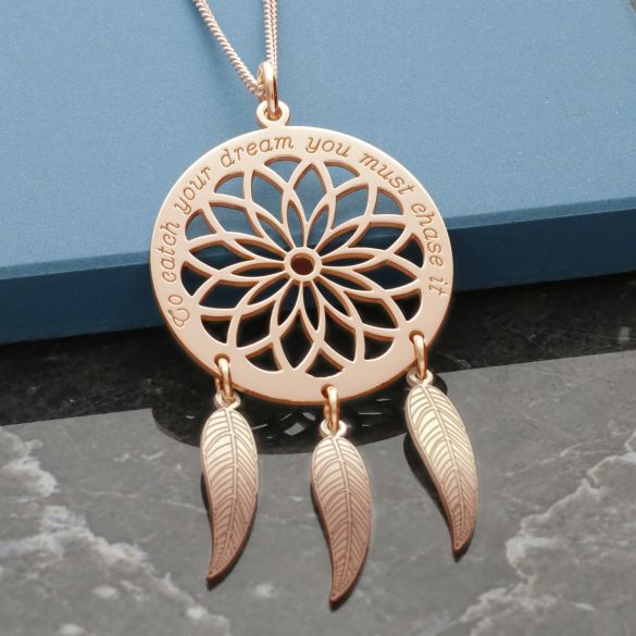9ct Rose Gold Plated Dream Catcher and Feathers Necklace - Love Silver Jewellery