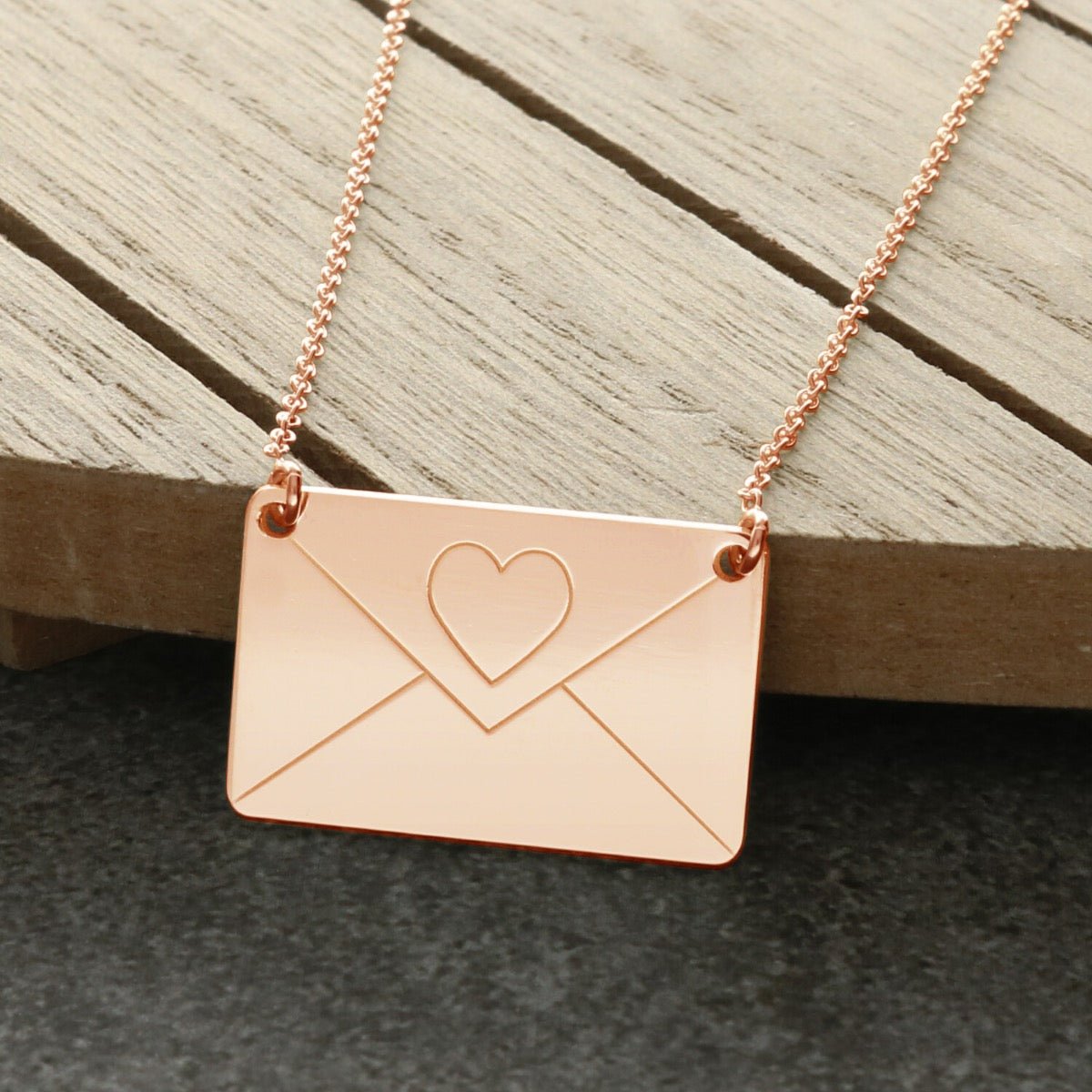 Rose Gold Plated Engraved Envelope Necklace - Love Silver Jewellery