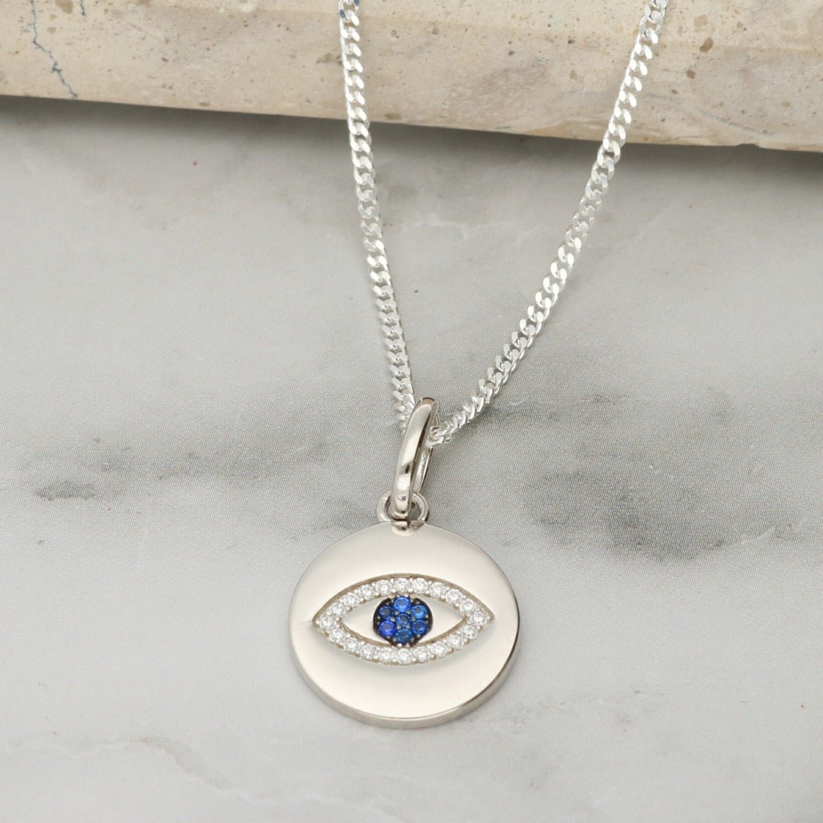Sterling Silver Evil Eye CZ Crystal Pendant with Chain - Love Silver Jewellery