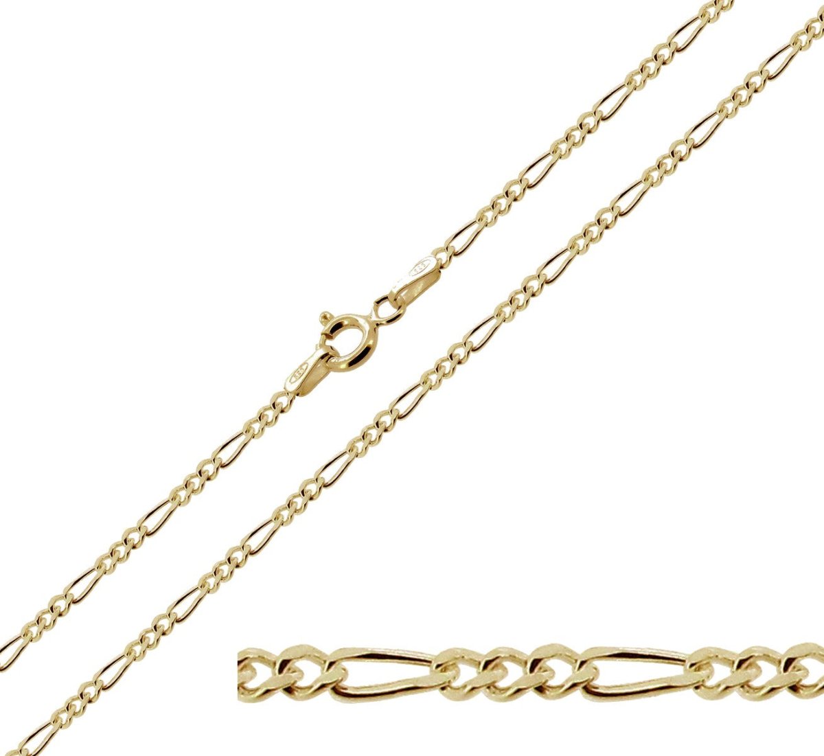 9ct Yellow Gold Plated on Sterling Silver 1.5mm Figaro Chain - Love Silver Jewellery