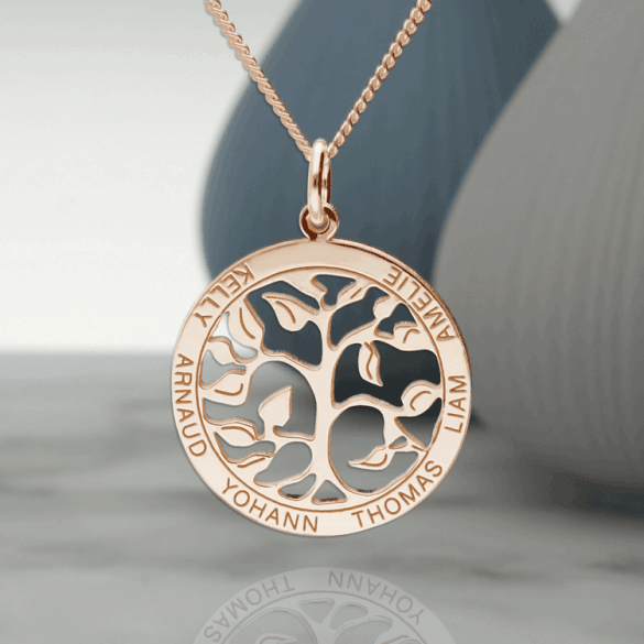 9ct Rose Gold Plated Filigree Tree of Life Disc Personalised Family Necklace - Love Silver Jewellery