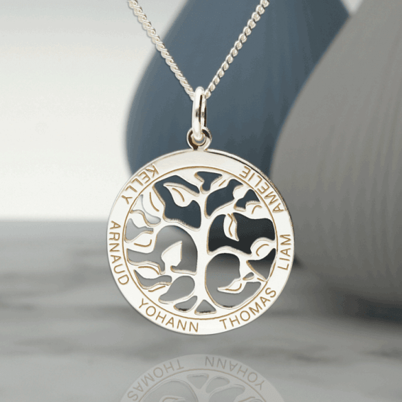 9ct White Gold Filigree Tree of Life Disc Personalised Family Necklace - Love Silver Jewellery