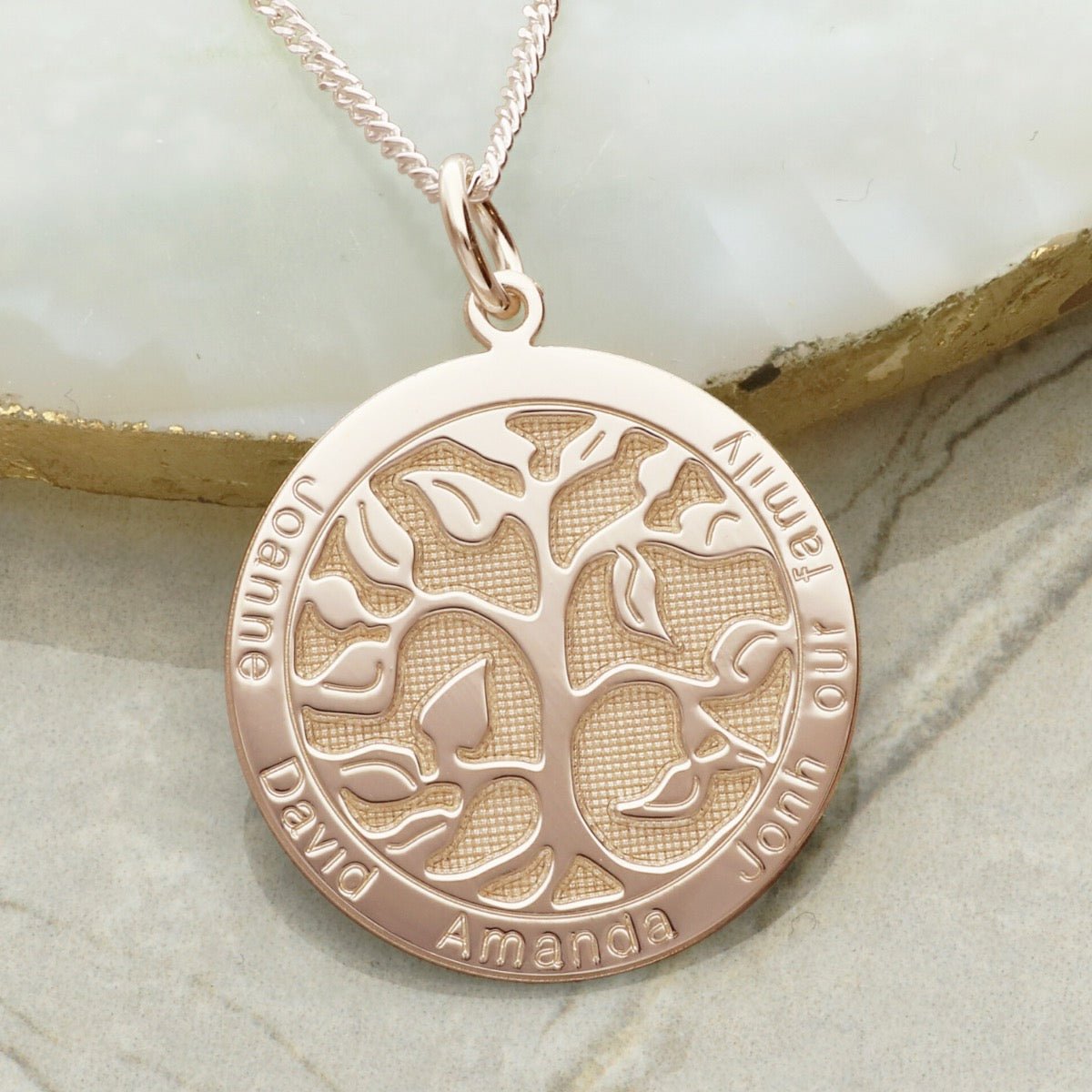 9ct Rose Gold Plated 3D Tree of Life Filigree Disc Family Necklace - Love Silver Jewellery