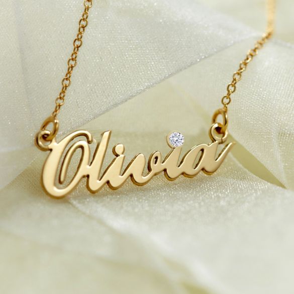 9ct Yellow Gold Plated Carrie Style Personalised Name Necklace With Crystal - Love Silver Jewellery
