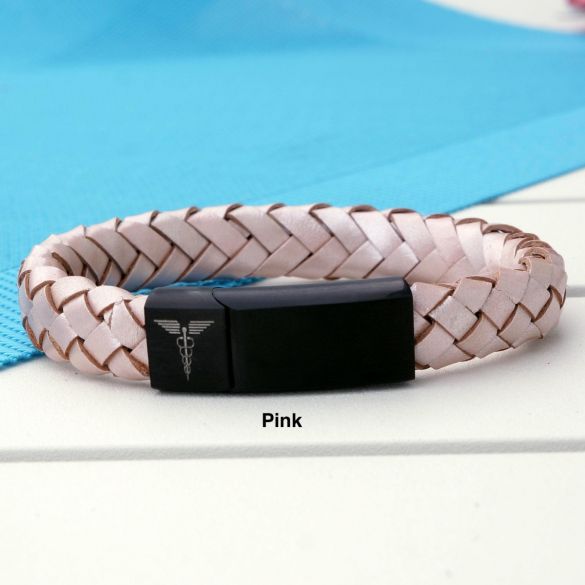 Unisex Leather and Stainless Steel Medic Bracelet with Free Engraving